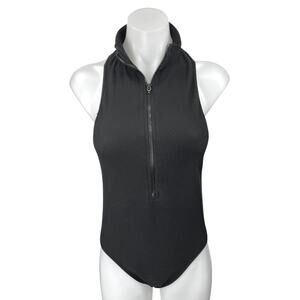 Topshop Black Rib Knit Sleeveless Zip Racerback Bodysuit Polo Sweater Tank Top 8
